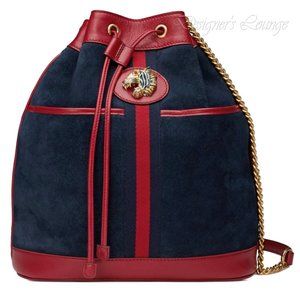 NEW GUCCI RAJAH Navy Blue Suede Red Leather WEB Tiger Bucket Bag $1,980.00